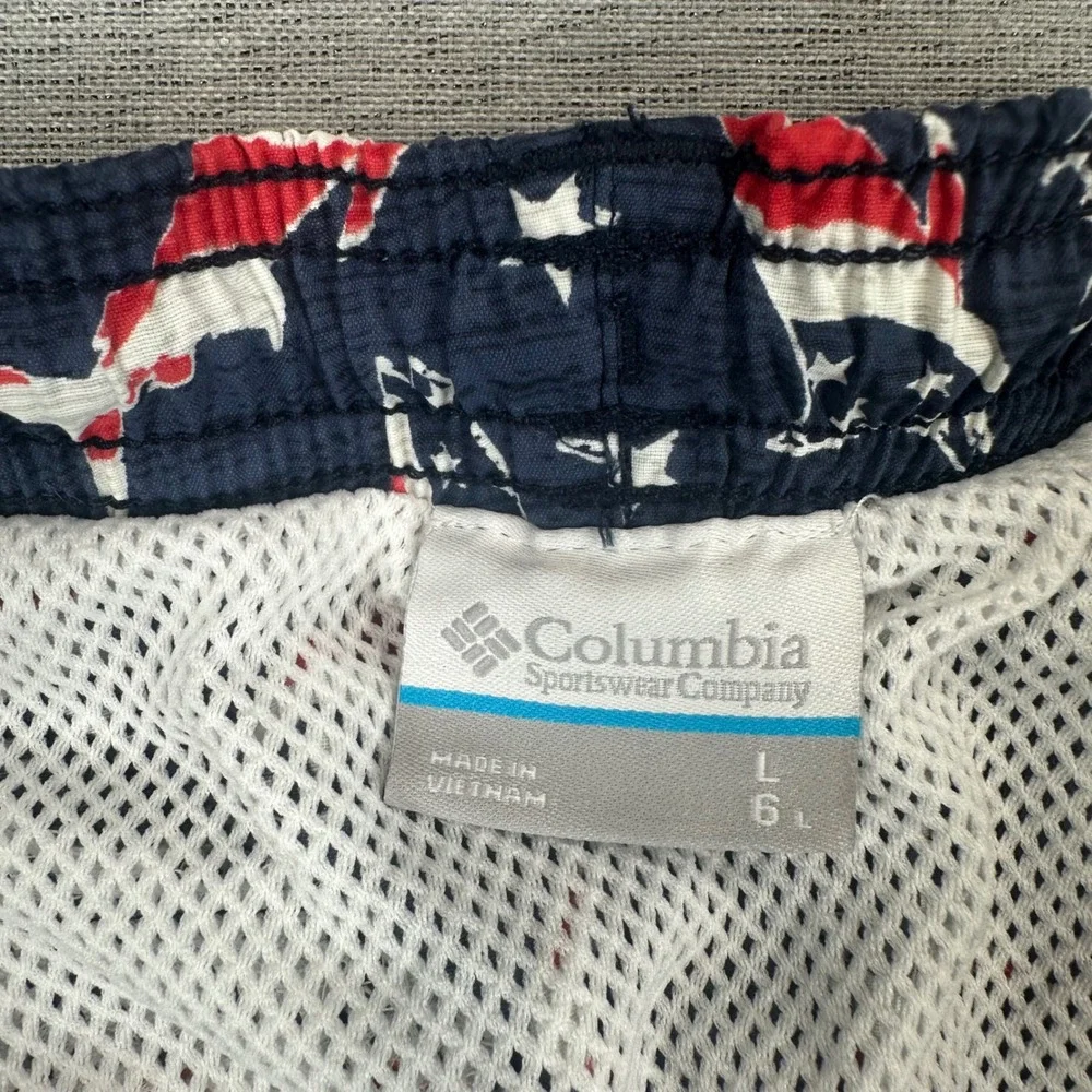 Columbia PFG Swim Trunks‎ Mens Large Navy Red White Americana Shark Star AOP
